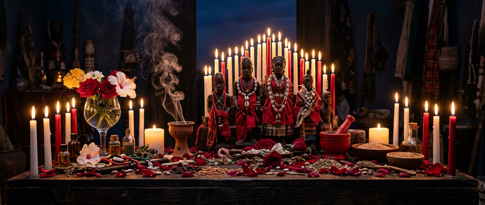 Sacred West African Vodou altar with candles – Baba Ali Spiritual Services