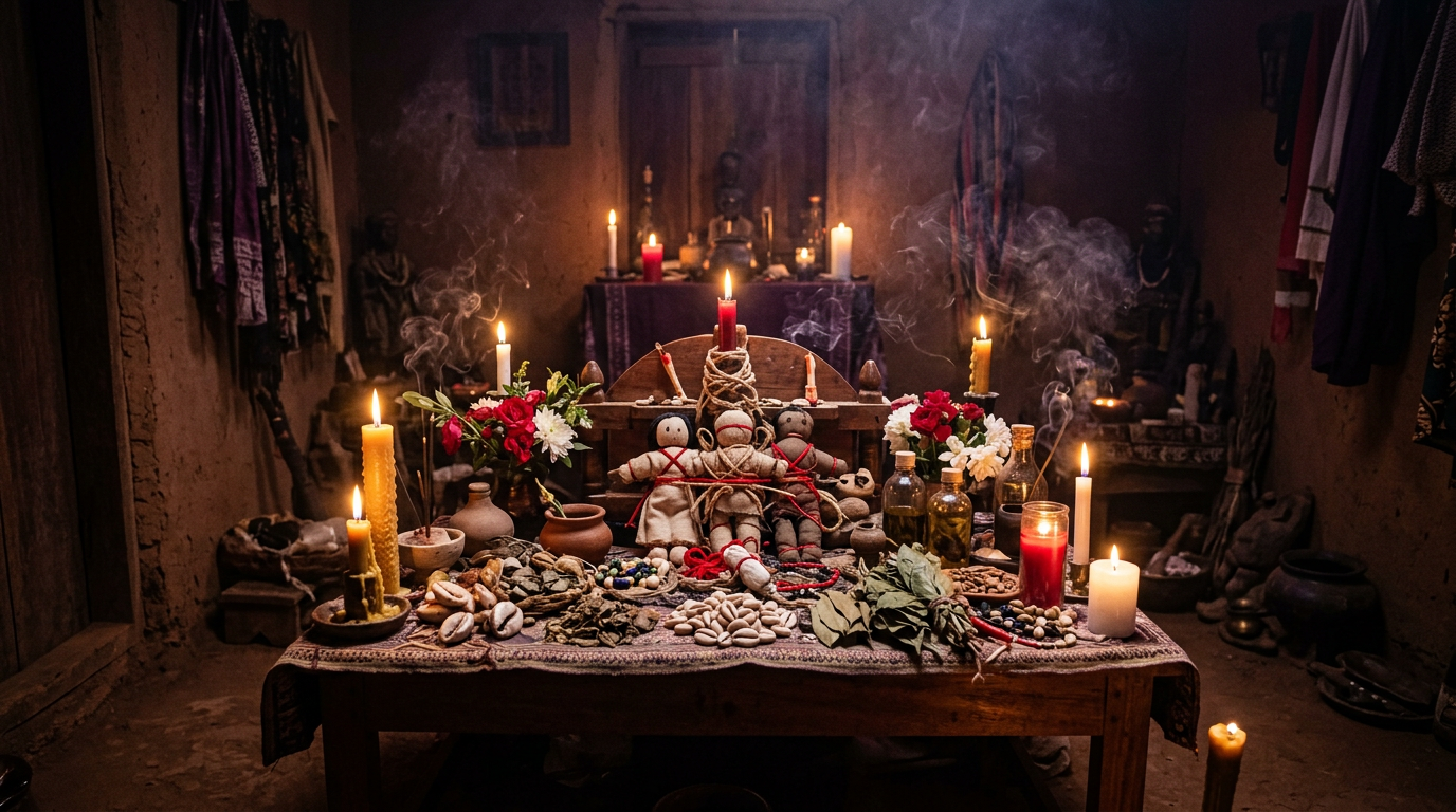 West African Vodou love ritual ceremony with sacred altar and candles