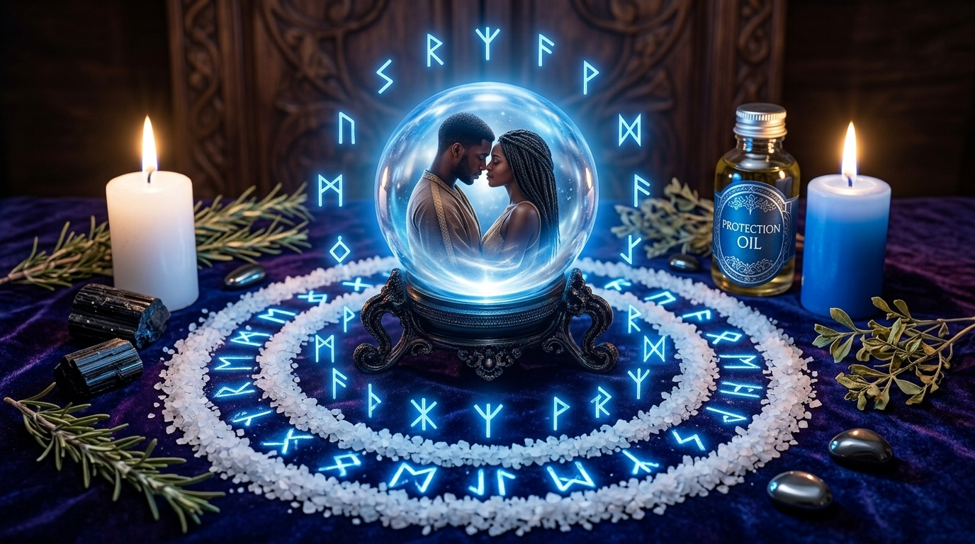 spiritual love protection ritual — salt runes and sacred energy shielding a relationship
