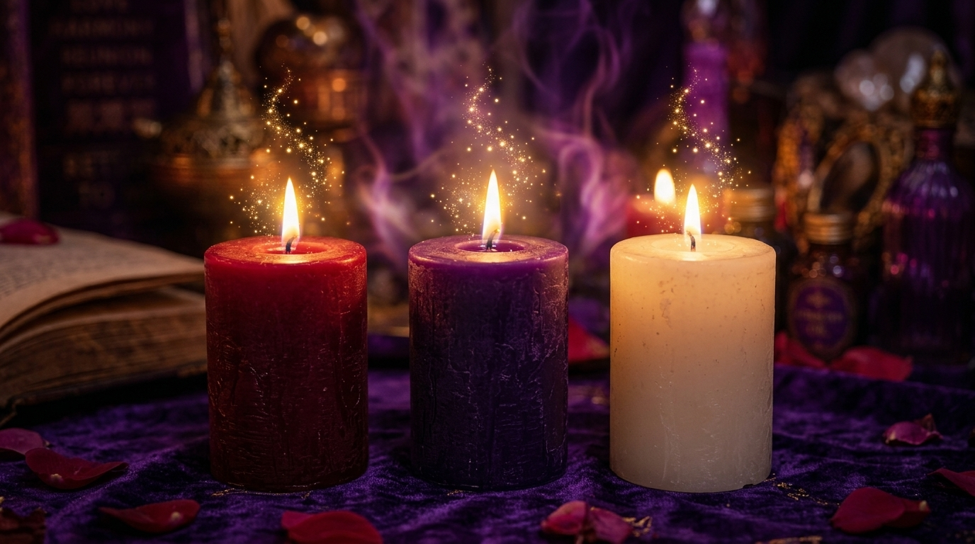 Three glowing ritual candles for love spell ceremony