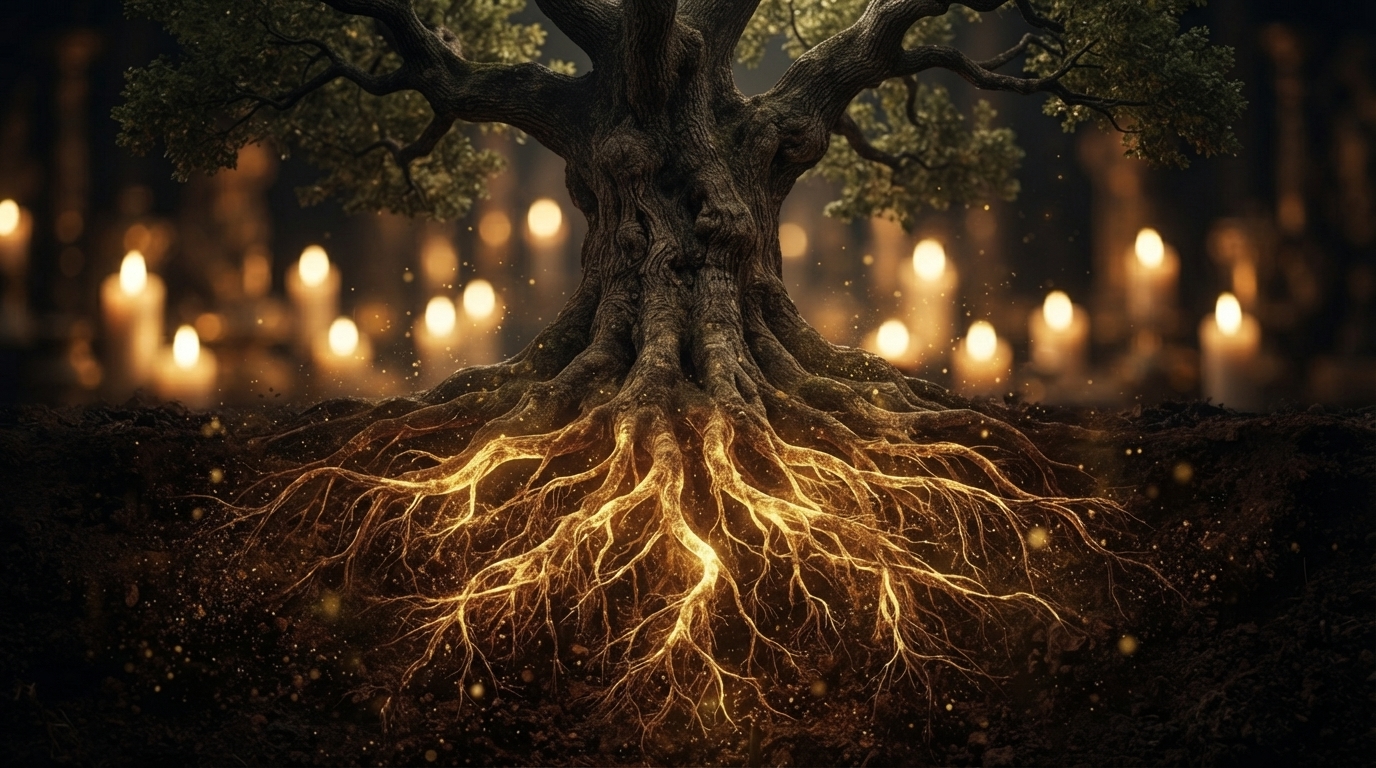 Ancient oak tree with deep roots