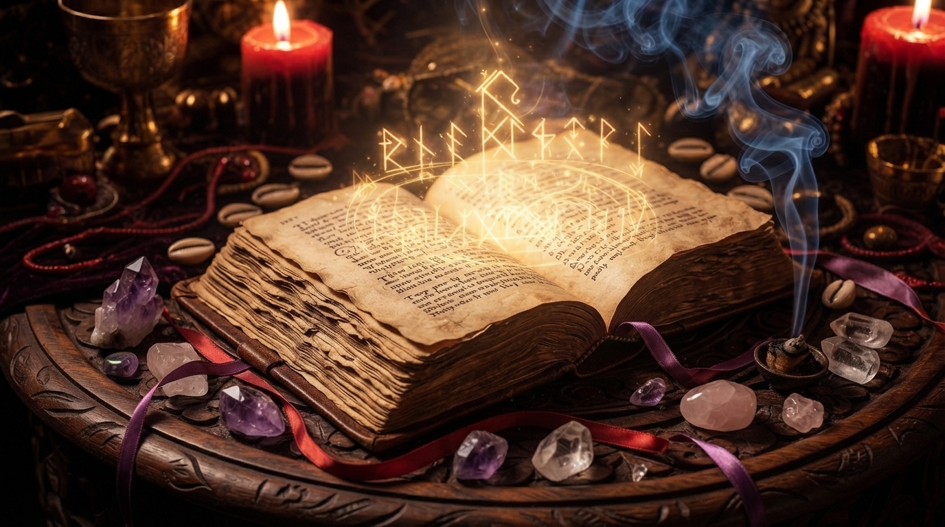 Ancient book glowing with runic symbols