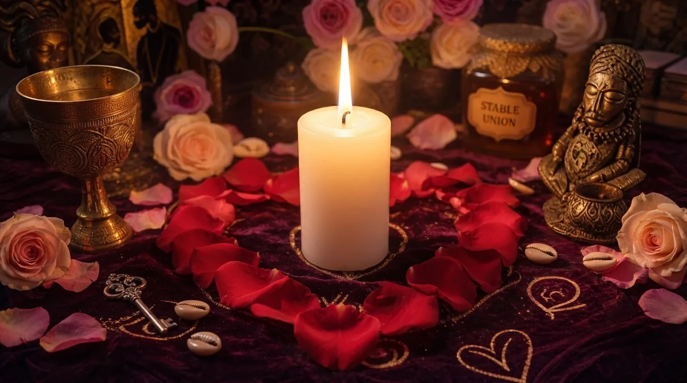 Candle and rose petals used in reunion ritual