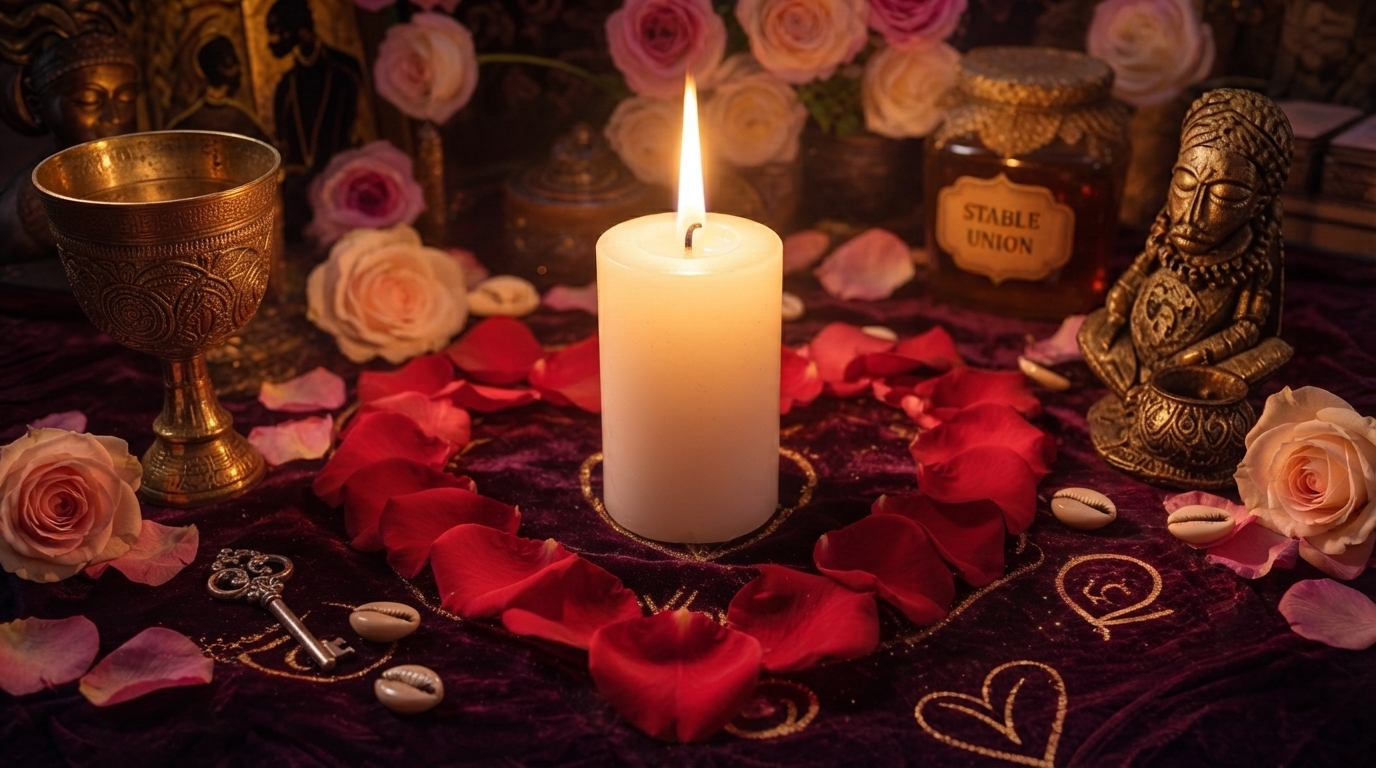 Candle and rose petals used in reunion ritual