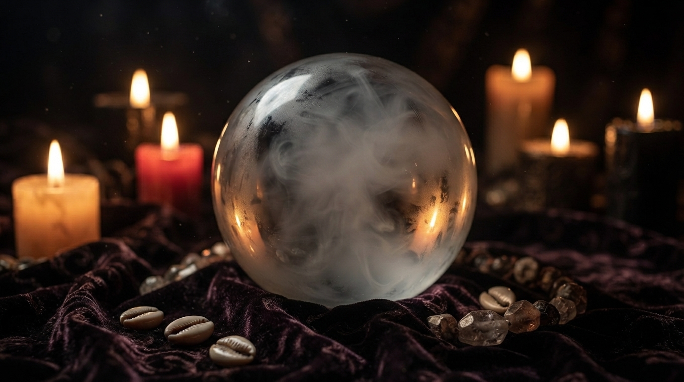 Glowing crystal ball surrounded by candles
